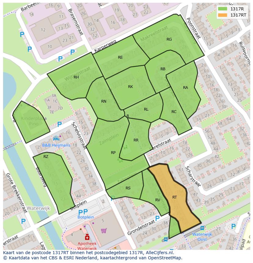 Afbeelding van het postcodegebied 1317 RT op de kaart.