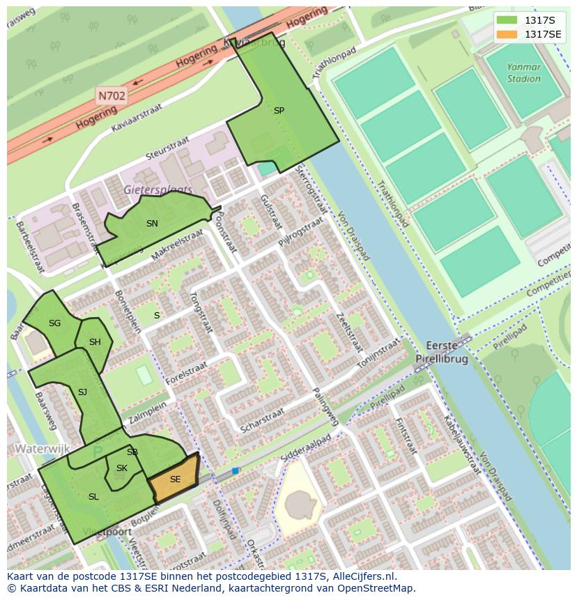 Afbeelding van het postcodegebied 1317 SE op de kaart.