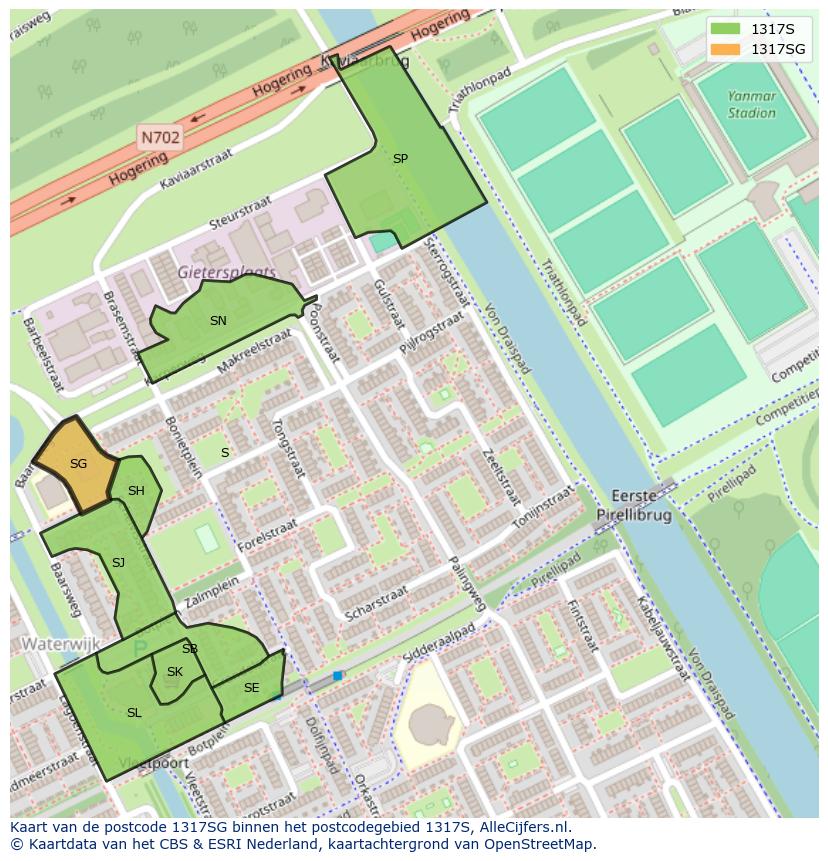 Afbeelding van het postcodegebied 1317 SG op de kaart.