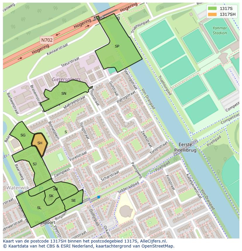 Afbeelding van het postcodegebied 1317 SH op de kaart.
