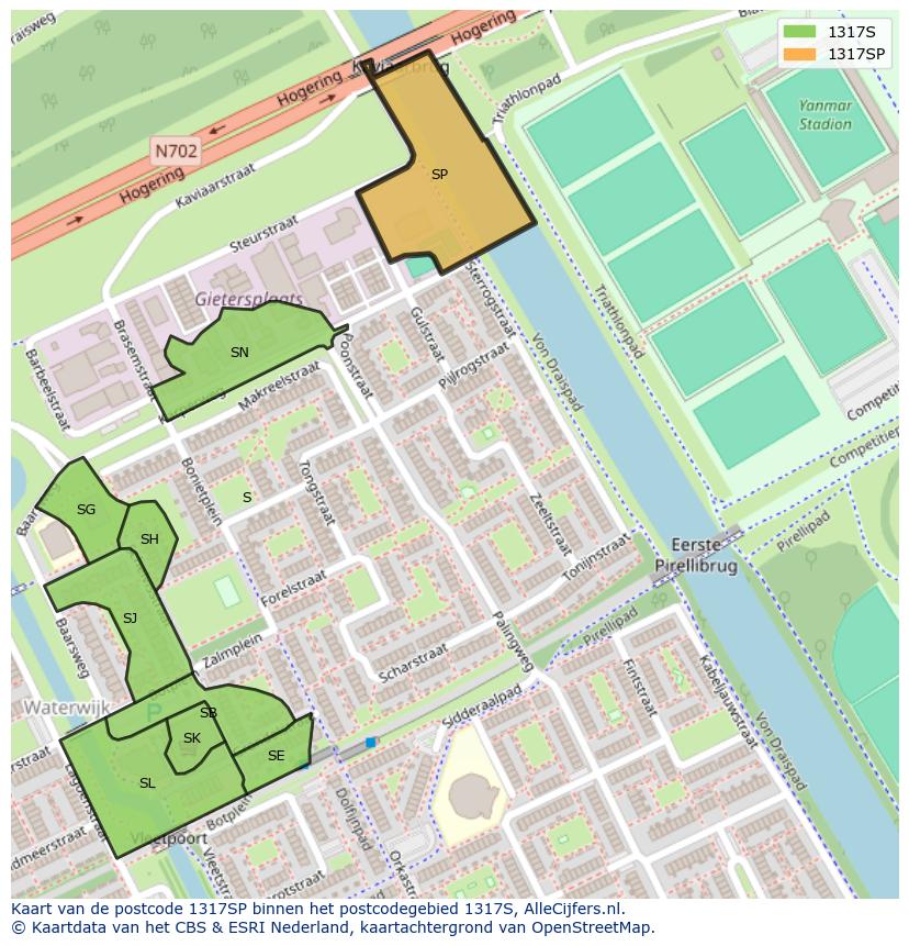 Afbeelding van het postcodegebied 1317 SP op de kaart.