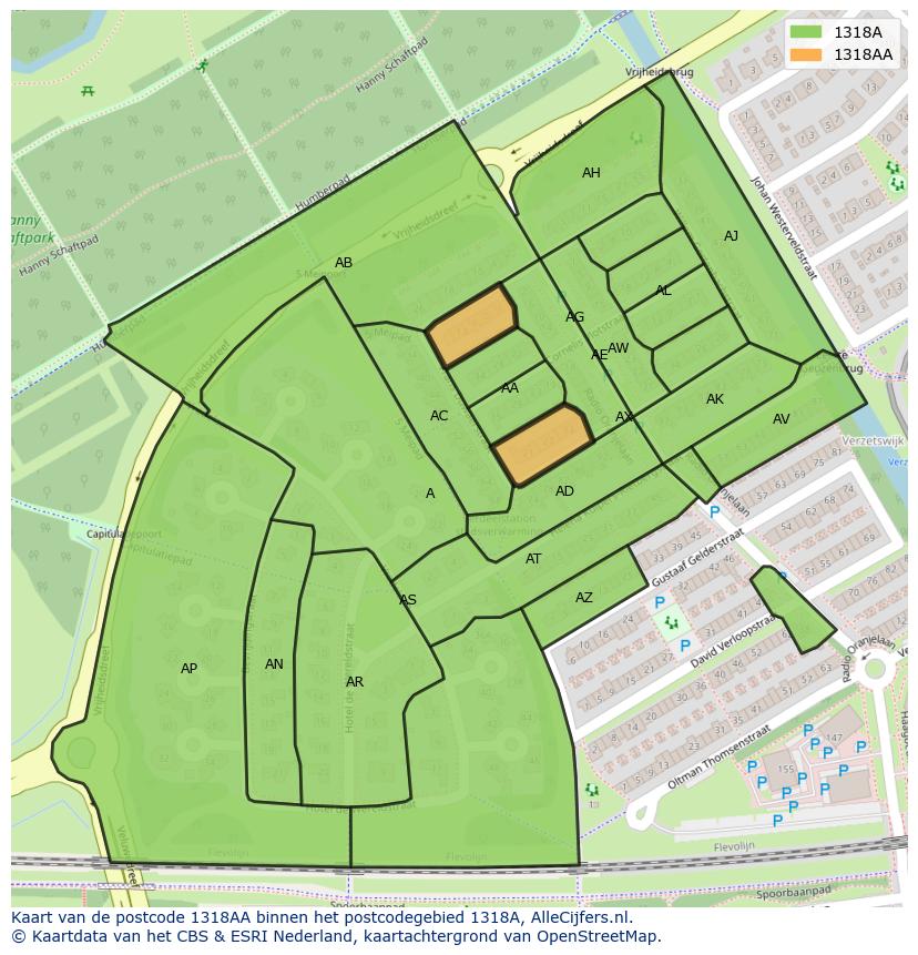 Afbeelding van het postcodegebied 1318 AA op de kaart.