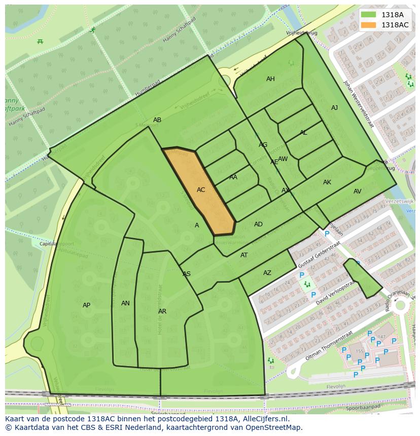 Afbeelding van het postcodegebied 1318 AC op de kaart.