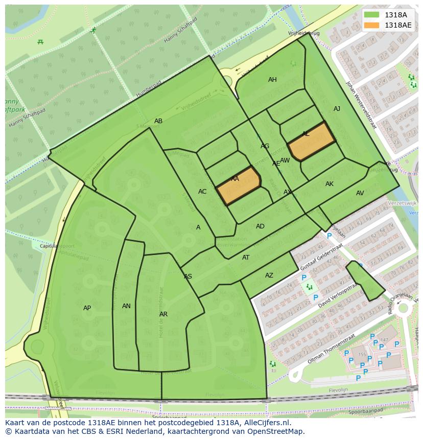 Afbeelding van het postcodegebied 1318 AE op de kaart.