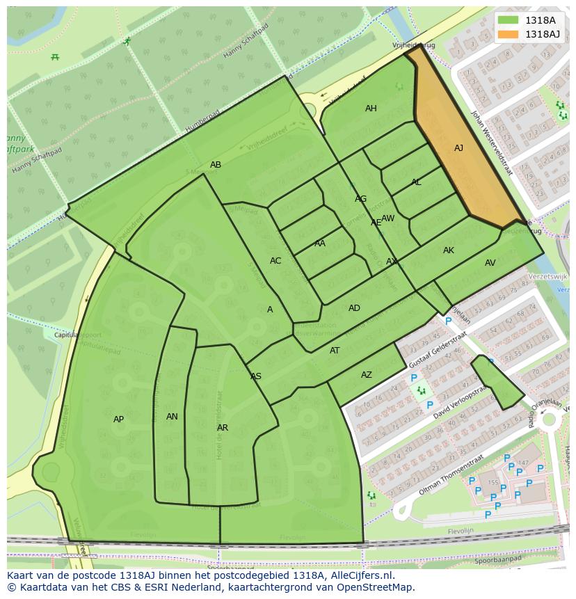 Afbeelding van het postcodegebied 1318 AJ op de kaart.