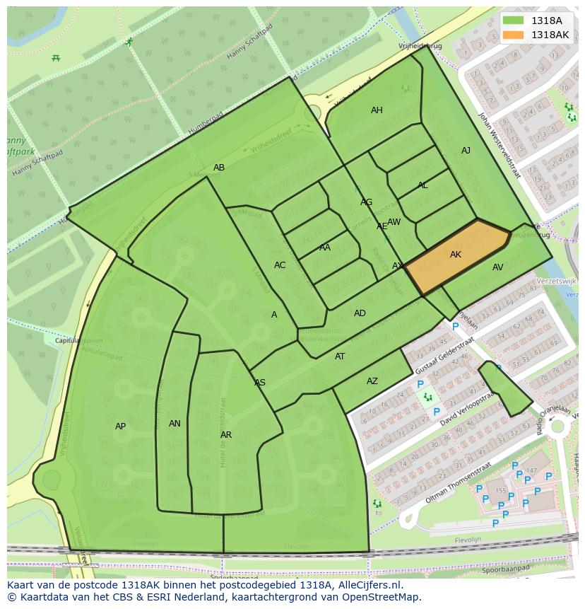 Afbeelding van het postcodegebied 1318 AK op de kaart.