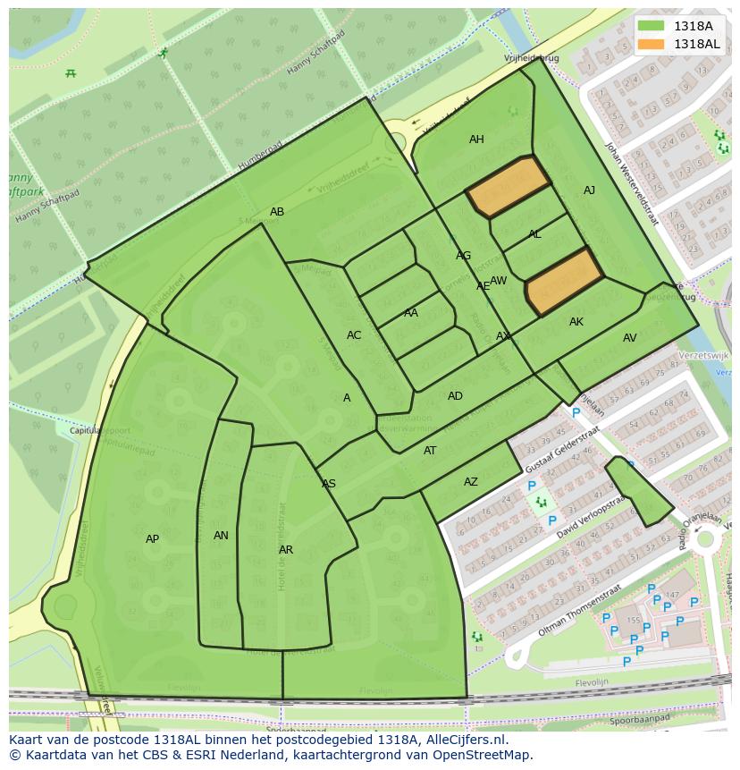 Afbeelding van het postcodegebied 1318 AL op de kaart.