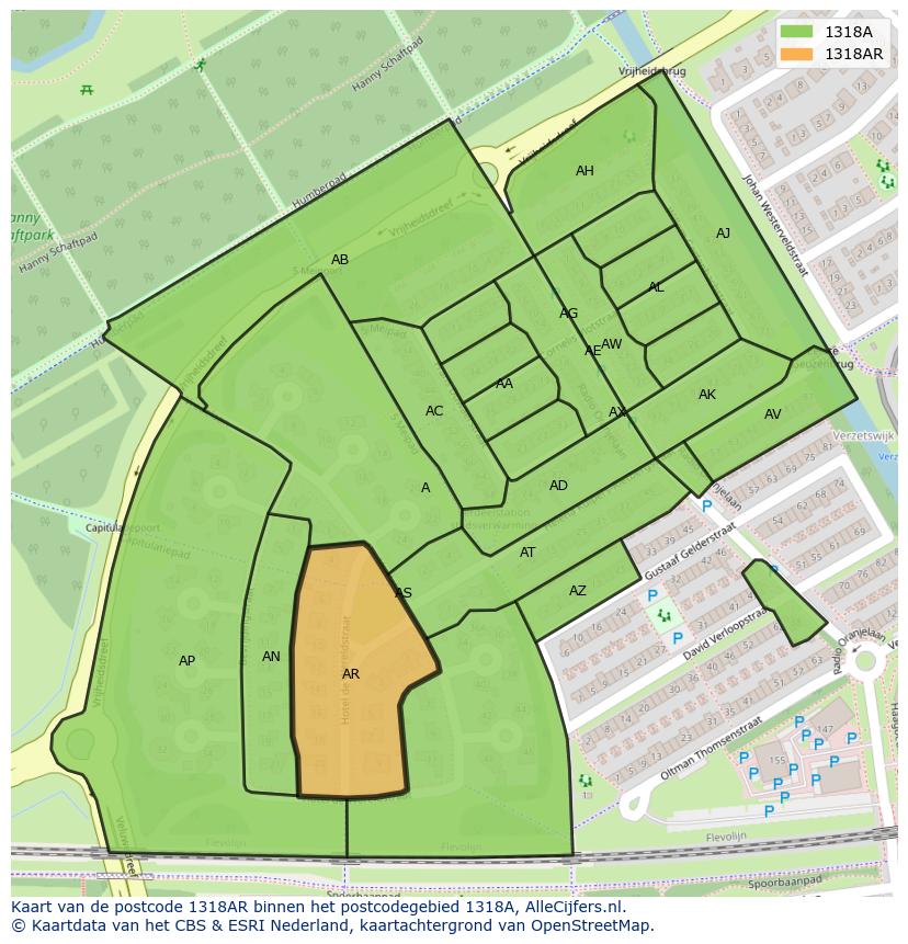 Afbeelding van het postcodegebied 1318 AR op de kaart.