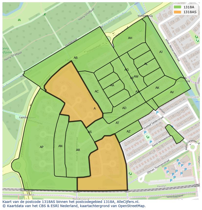 Afbeelding van het postcodegebied 1318 AS op de kaart.
