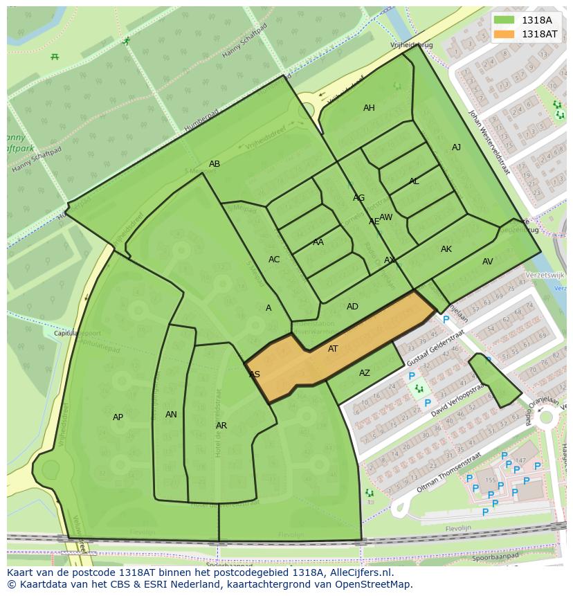 Afbeelding van het postcodegebied 1318 AT op de kaart.