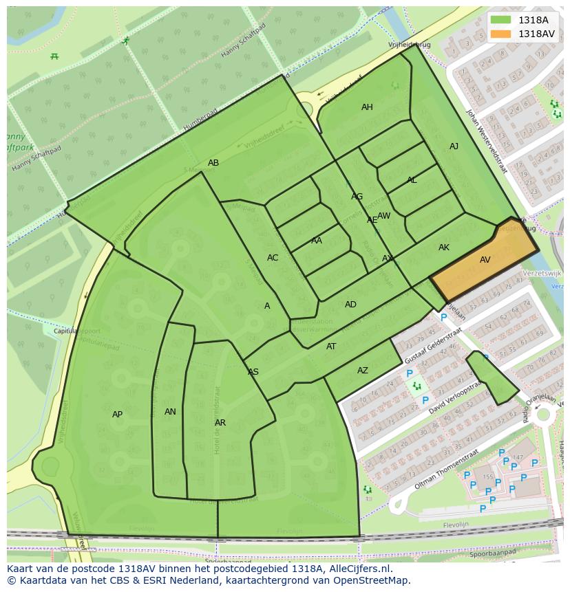 Afbeelding van het postcodegebied 1318 AV op de kaart.