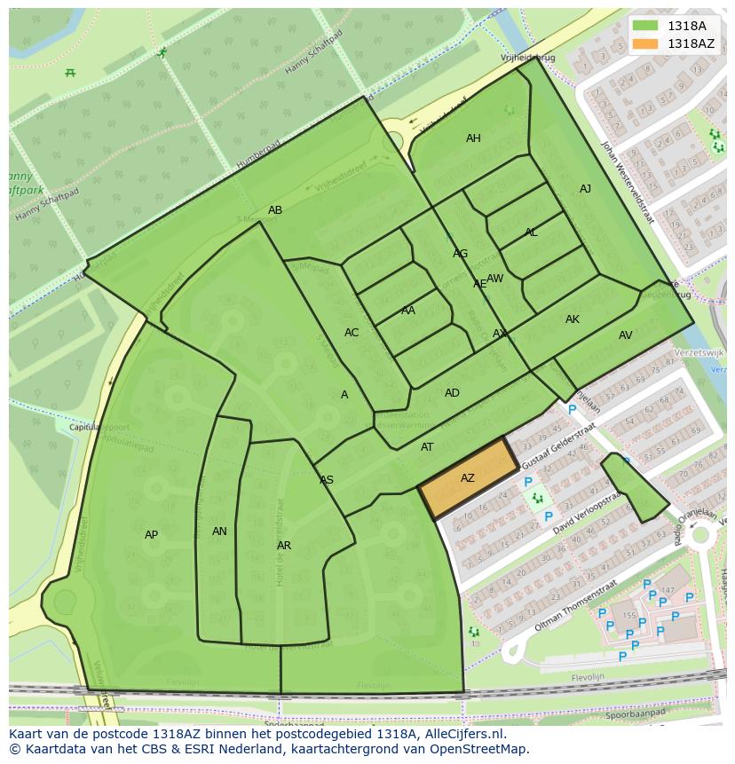 Afbeelding van het postcodegebied 1318 AZ op de kaart.