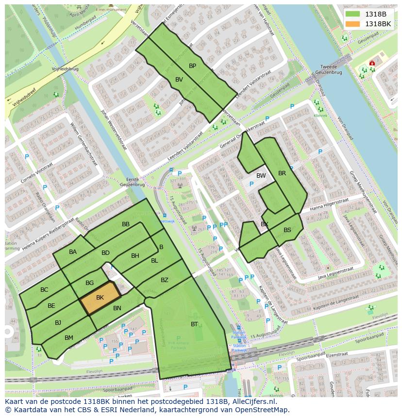 Afbeelding van het postcodegebied 1318 BK op de kaart.