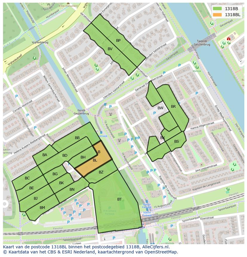 Afbeelding van het postcodegebied 1318 BL op de kaart.
