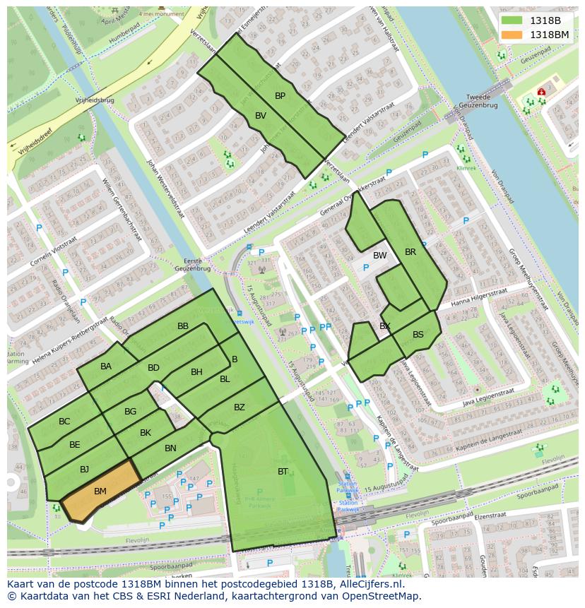 Afbeelding van het postcodegebied 1318 BM op de kaart.