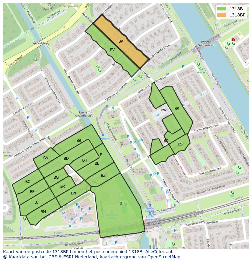 Afbeelding van het postcodegebied 1318 BP op de kaart.