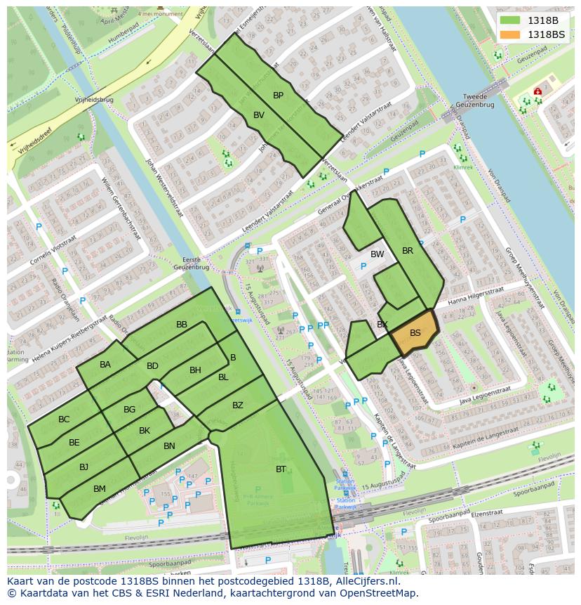 Afbeelding van het postcodegebied 1318 BS op de kaart.