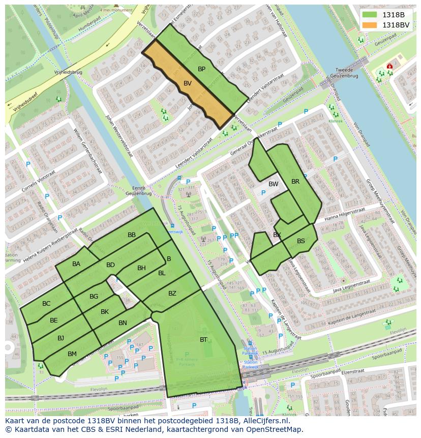Afbeelding van het postcodegebied 1318 BV op de kaart.