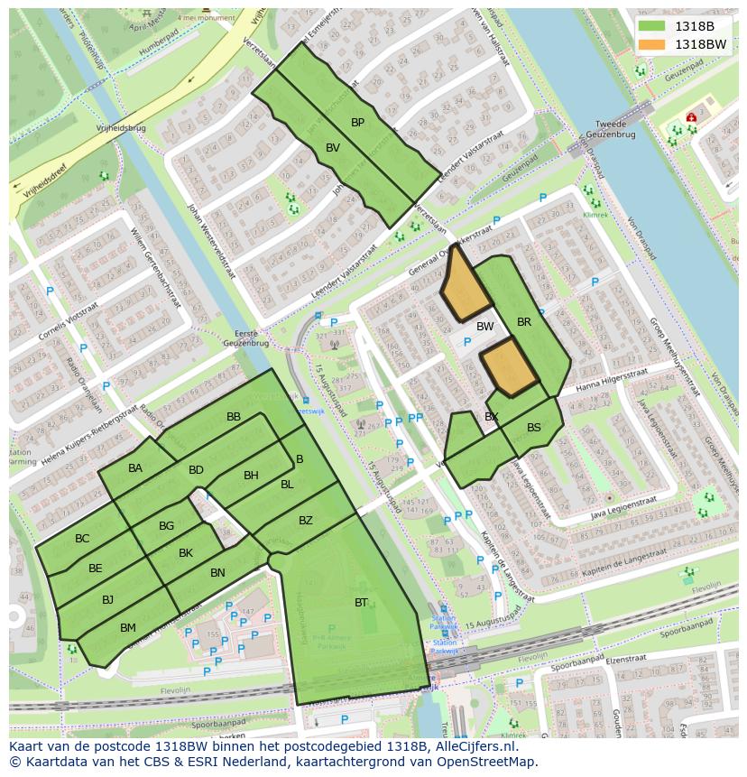 Afbeelding van het postcodegebied 1318 BW op de kaart.