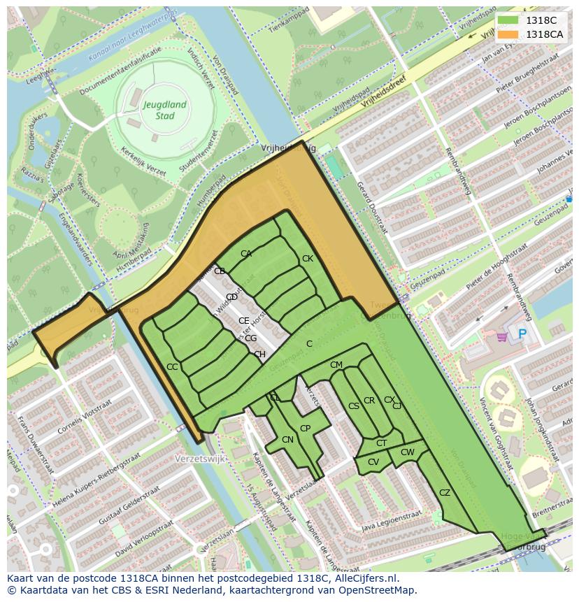 Afbeelding van het postcodegebied 1318 CA op de kaart.