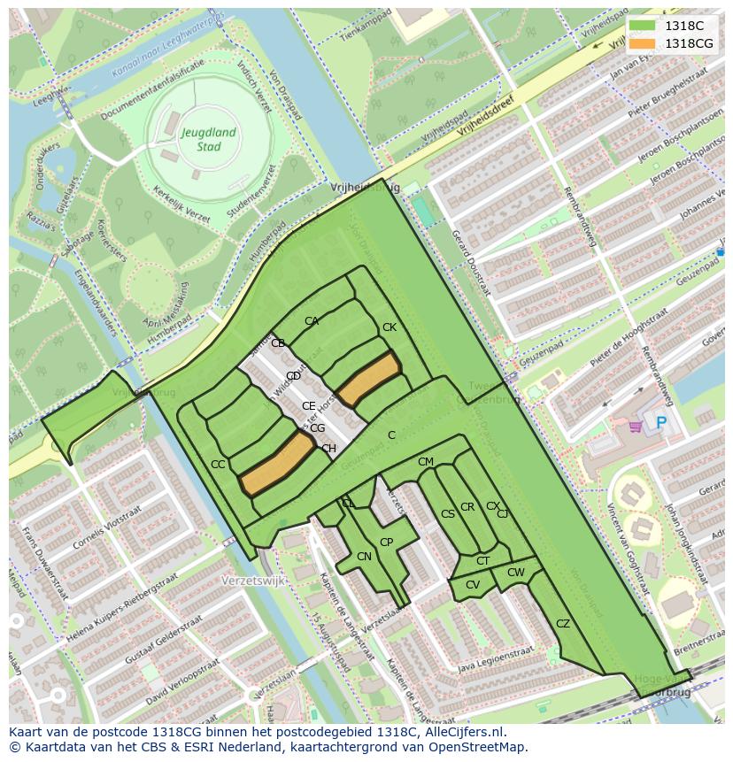 Afbeelding van het postcodegebied 1318 CG op de kaart.