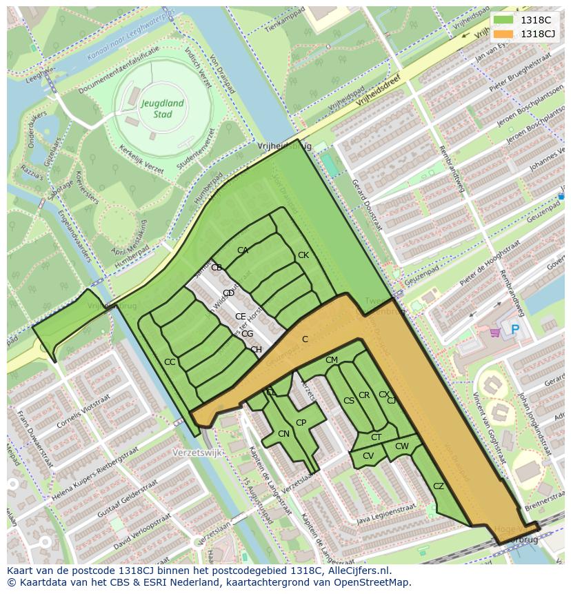 Afbeelding van het postcodegebied 1318 CJ op de kaart.
