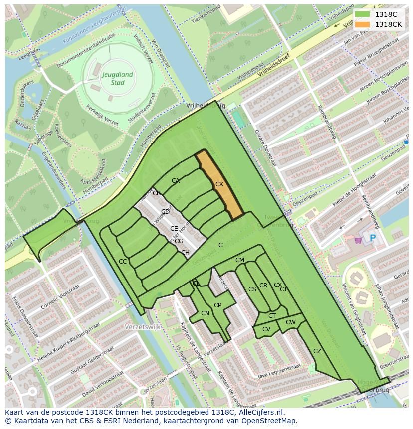 Afbeelding van het postcodegebied 1318 CK op de kaart.