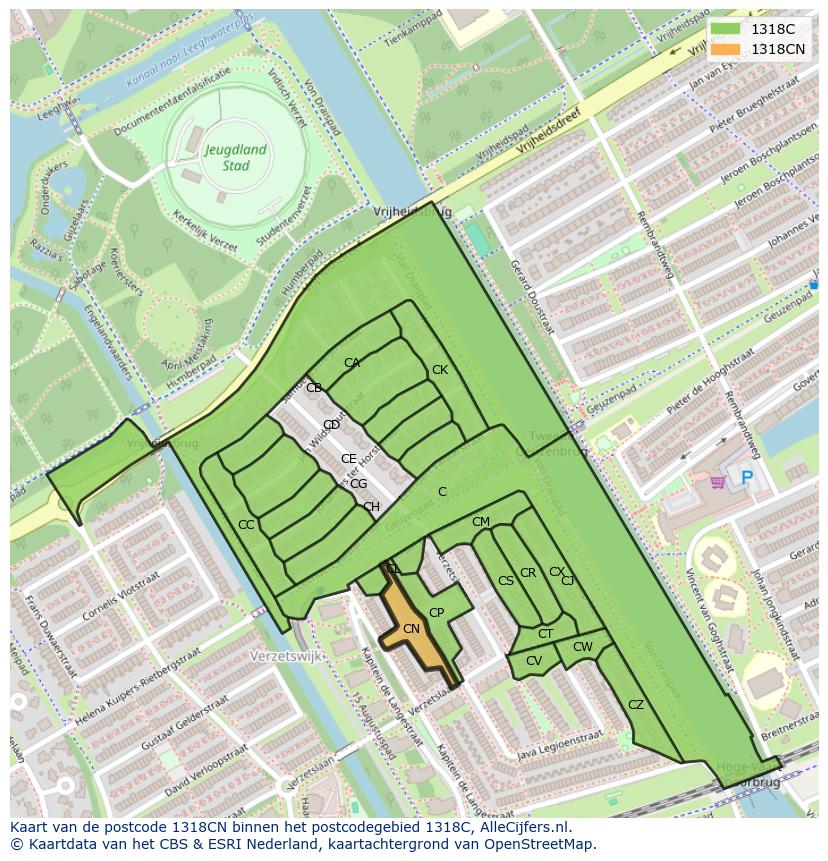 Afbeelding van het postcodegebied 1318 CN op de kaart.