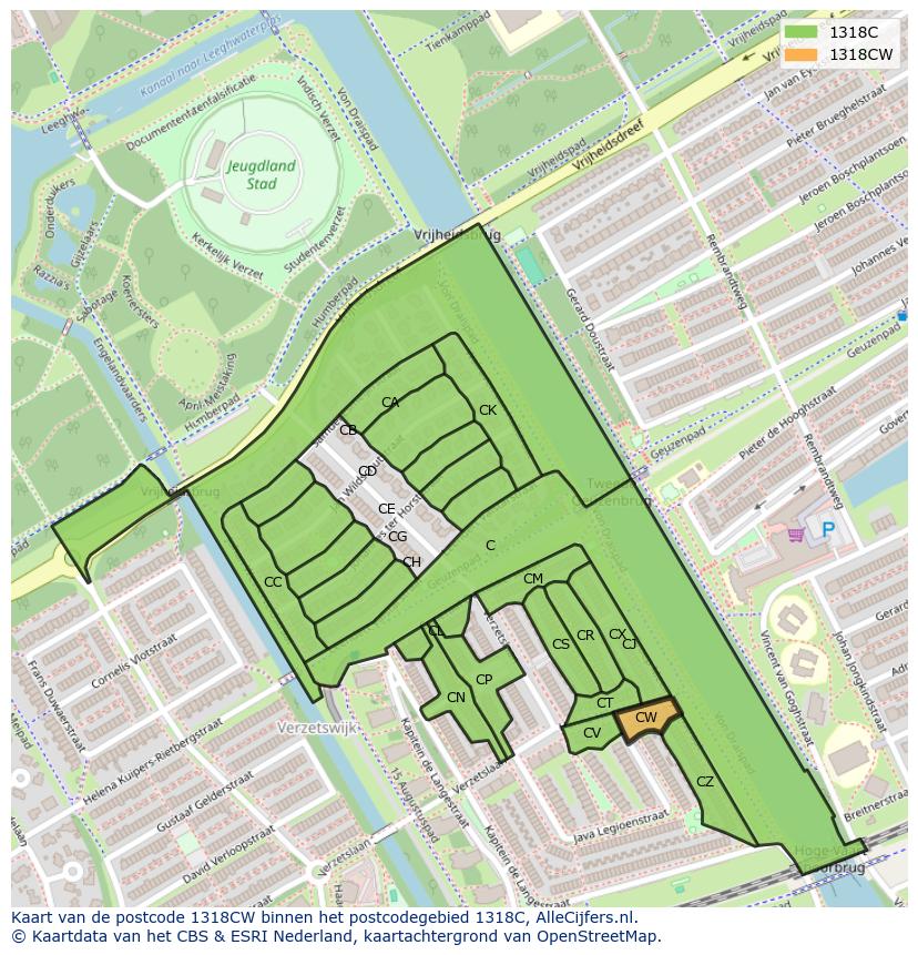 Afbeelding van het postcodegebied 1318 CW op de kaart.
