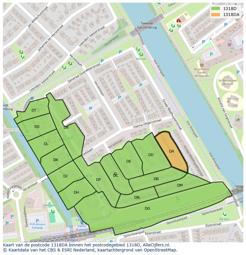 Afbeelding van het postcodegebied 1318 DA op de kaart.