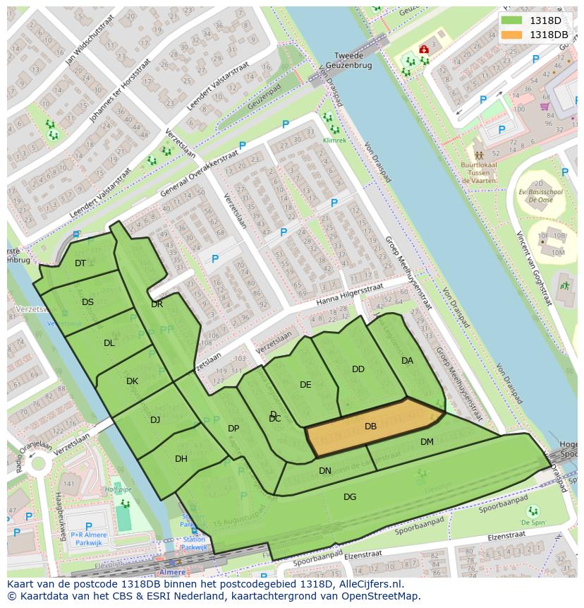 Afbeelding van het postcodegebied 1318 DB op de kaart.