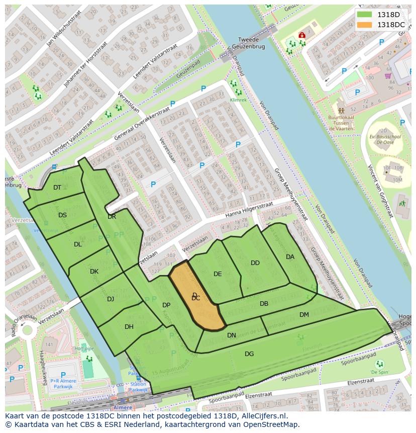 Afbeelding van het postcodegebied 1318 DC op de kaart.