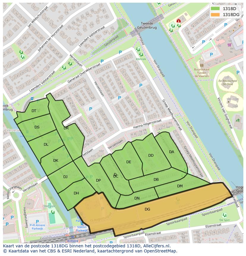 Afbeelding van het postcodegebied 1318 DG op de kaart.