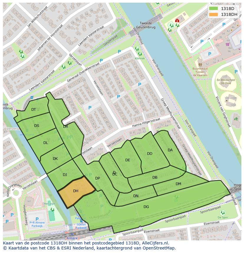 Afbeelding van het postcodegebied 1318 DH op de kaart.