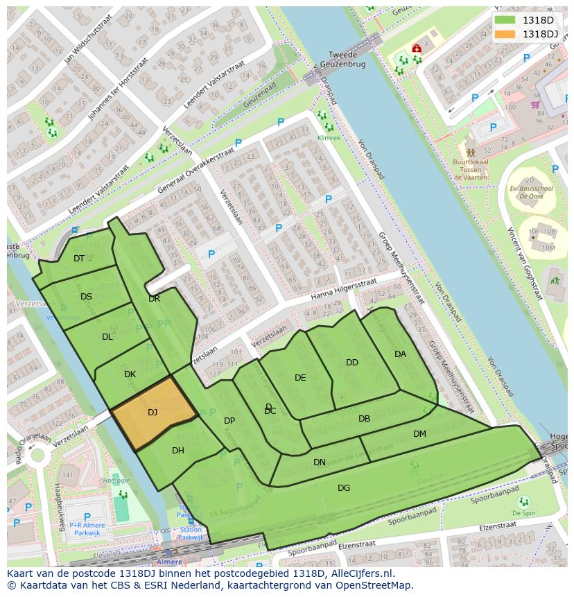 Afbeelding van het postcodegebied 1318 DJ op de kaart.