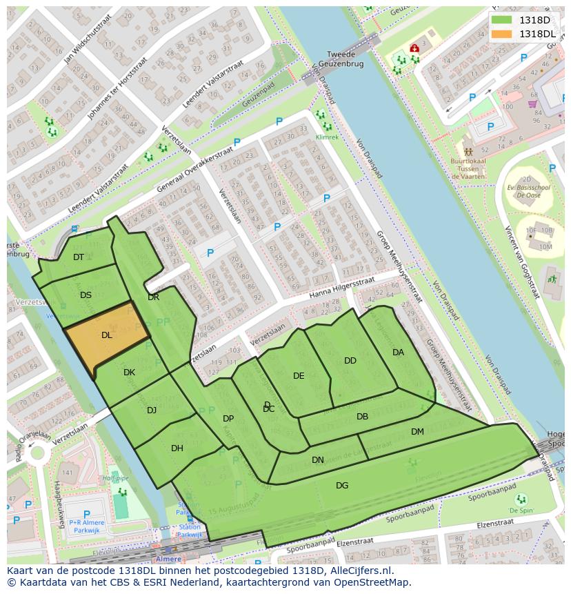 Afbeelding van het postcodegebied 1318 DL op de kaart.