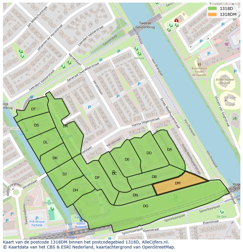 Afbeelding van het postcodegebied 1318 DM op de kaart.
