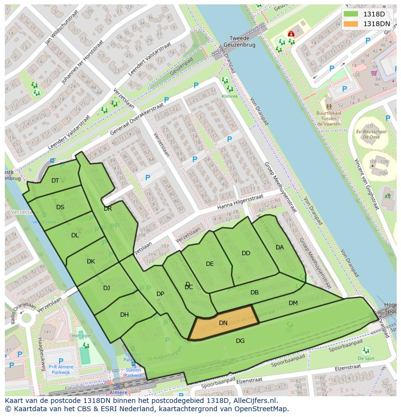 Afbeelding van het postcodegebied 1318 DN op de kaart.