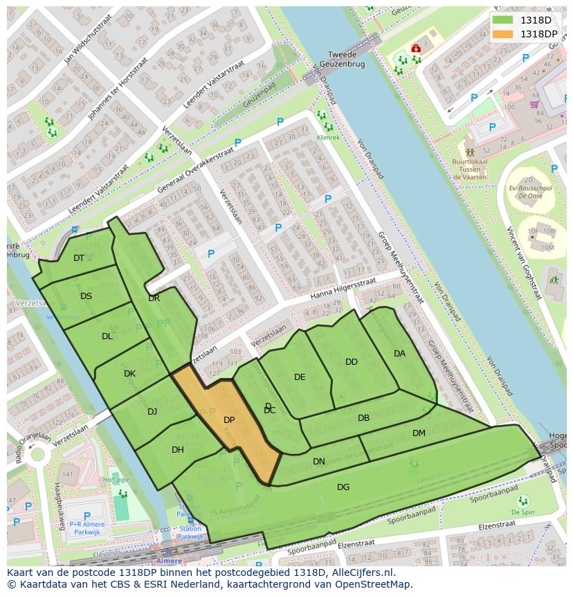 Afbeelding van het postcodegebied 1318 DP op de kaart.