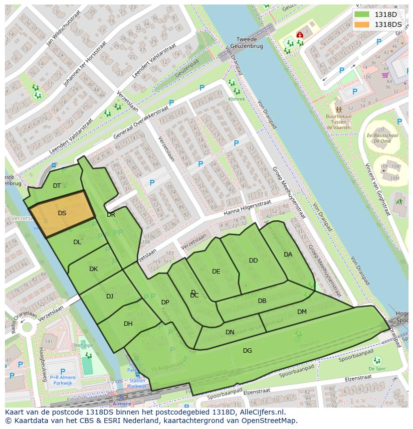 Afbeelding van het postcodegebied 1318 DS op de kaart.