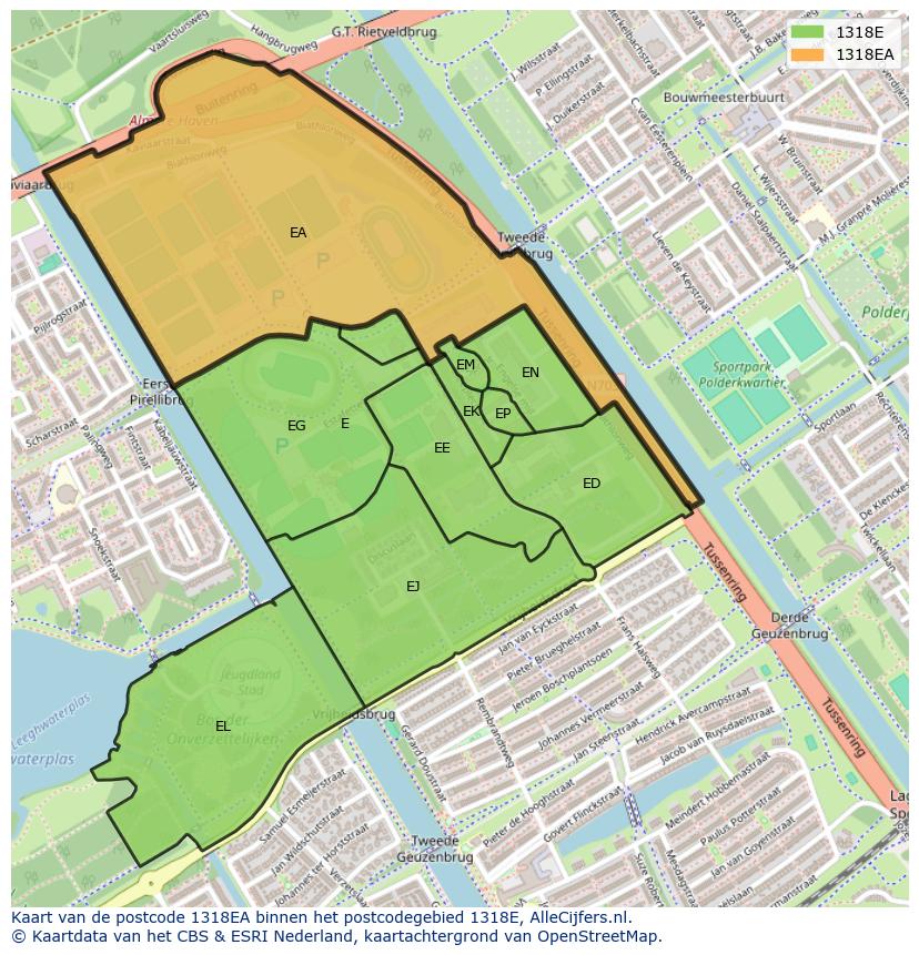 Afbeelding van het postcodegebied 1318 EA op de kaart.