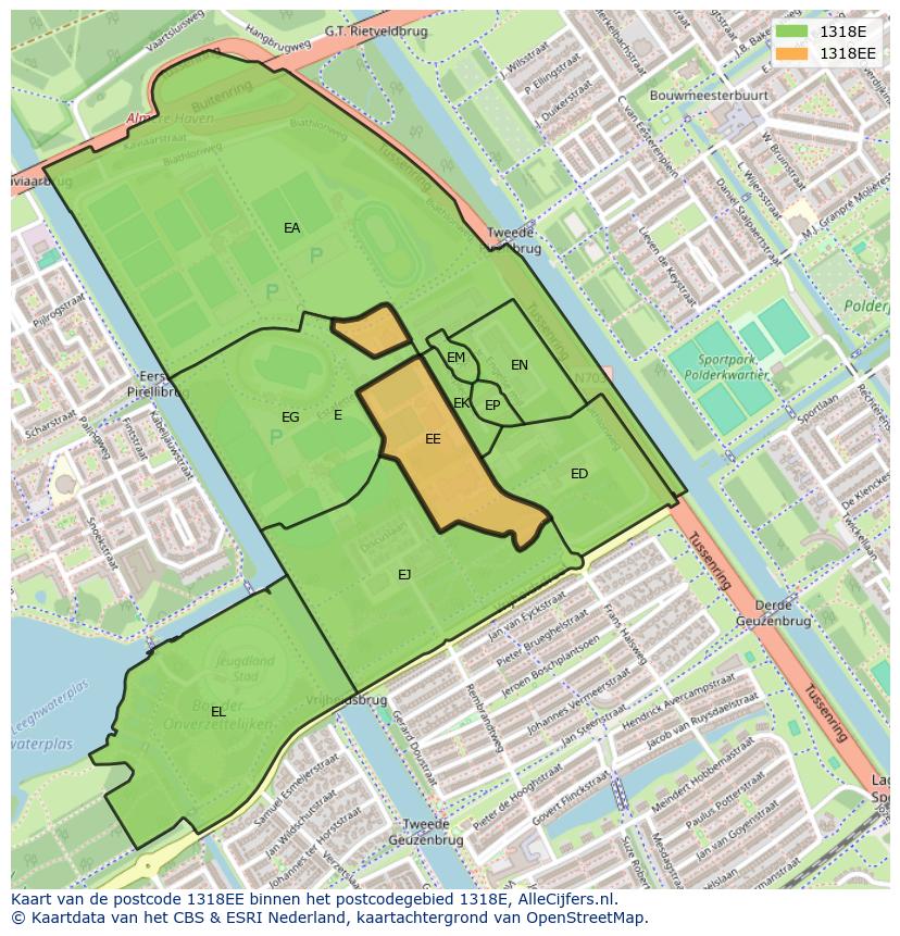 Afbeelding van het postcodegebied 1318 EE op de kaart.