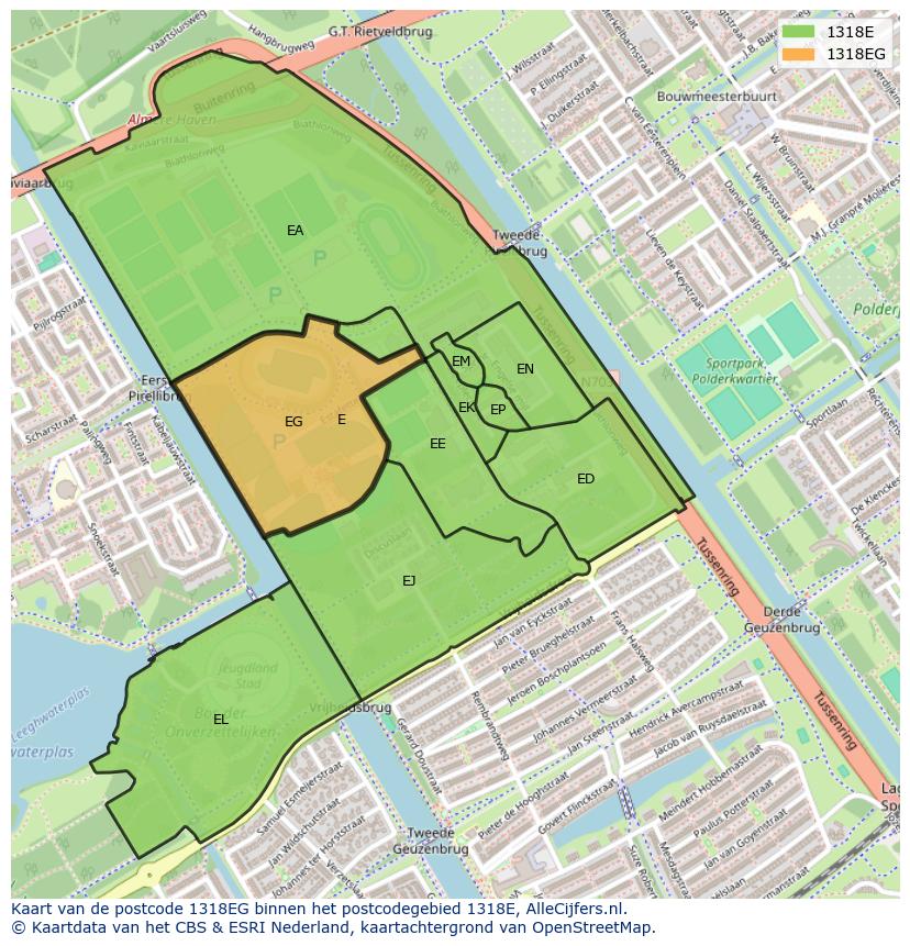 Afbeelding van het postcodegebied 1318 EG op de kaart.