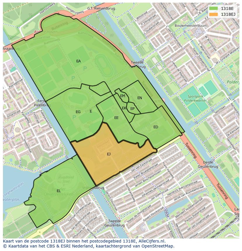 Afbeelding van het postcodegebied 1318 EJ op de kaart.