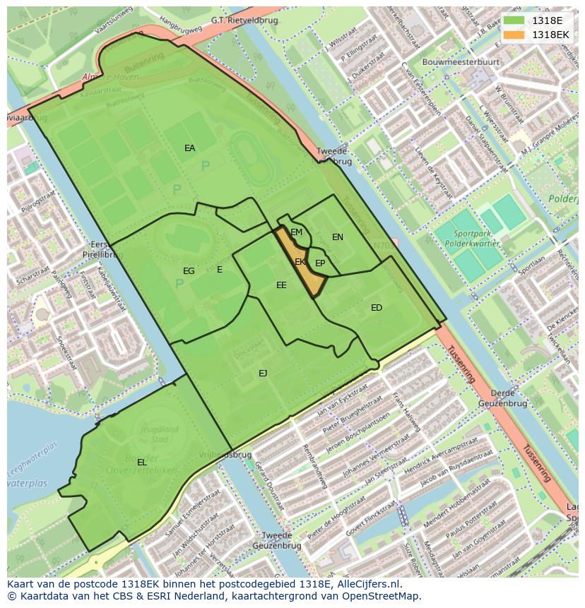 Afbeelding van het postcodegebied 1318 EK op de kaart.