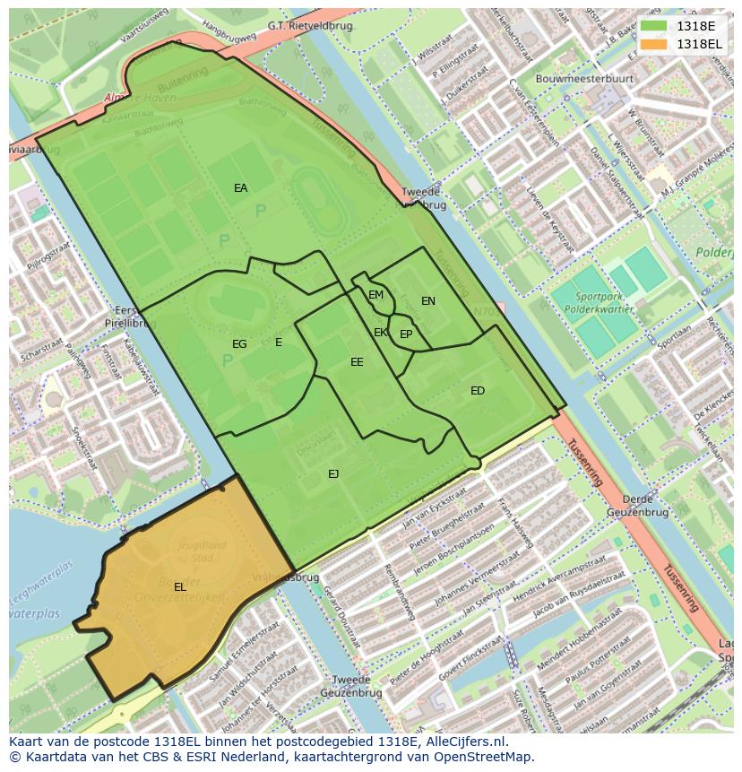Afbeelding van het postcodegebied 1318 EL op de kaart.
