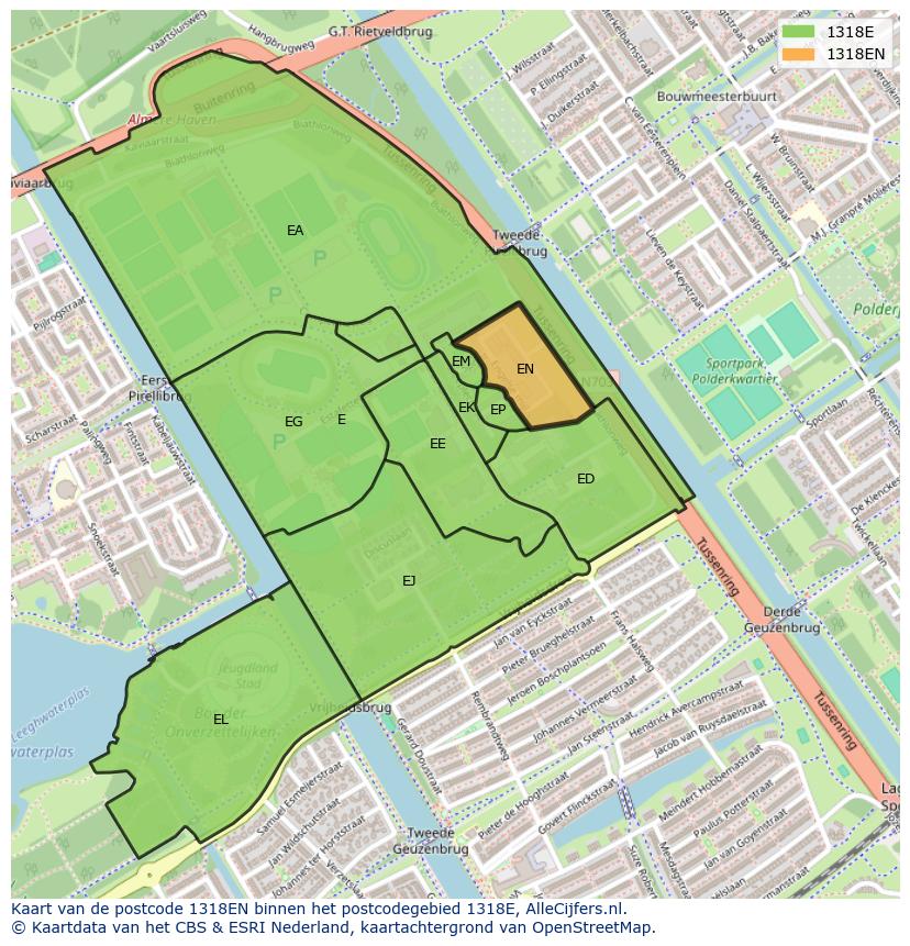 Afbeelding van het postcodegebied 1318 EN op de kaart.