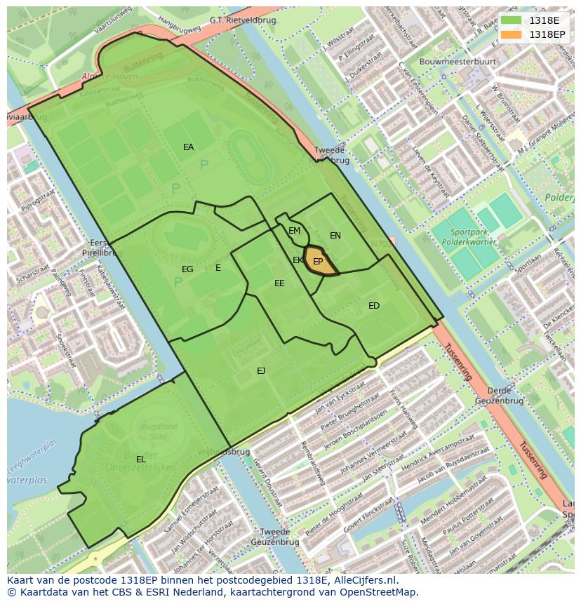 Afbeelding van het postcodegebied 1318 EP op de kaart.
