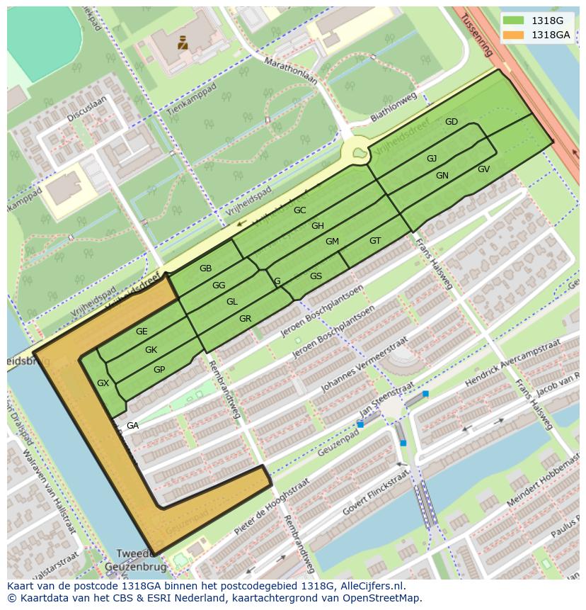 Afbeelding van het postcodegebied 1318 GA op de kaart.