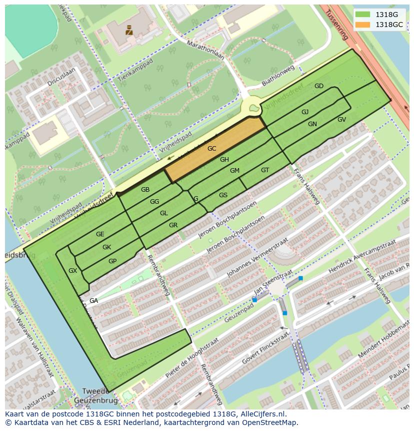Afbeelding van het postcodegebied 1318 GC op de kaart.